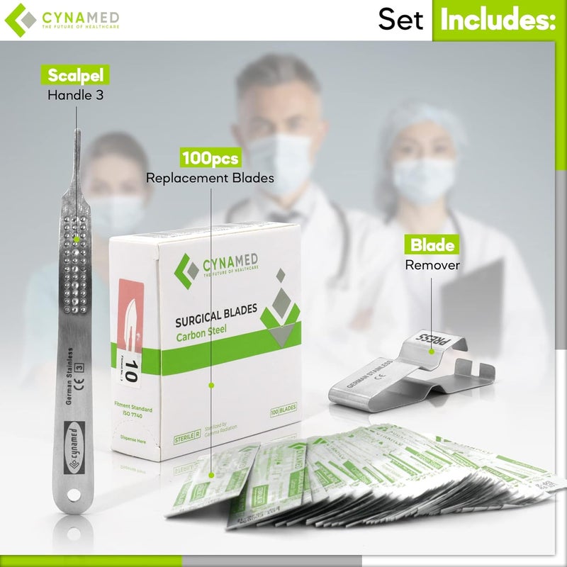 CYNAMED طقم أدوات ديرما بلانينغ المهنية من 3 قطع - مقبض مشرط من الفولاذ المقاوم للصدأ 3، أداة إزالة الشفرات، 100 شفرة ديرما جراحية - تقشير البشرة وإزالة شعر الزغب - مستلزمات أطباء الجلدية - Image 3